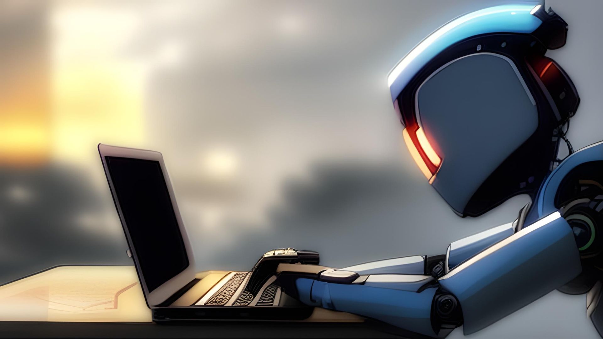 Ein humanoider Roboter tippt auf einem Laptop. Es handelt sich um Ki generiertes Bild.
