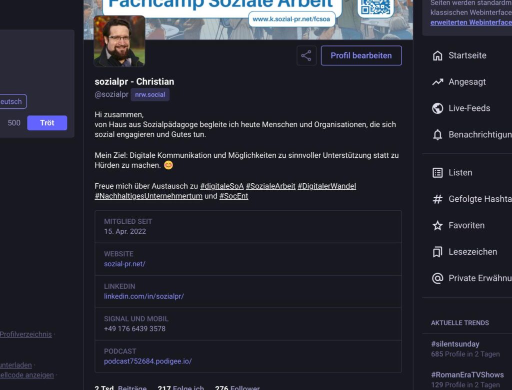 Screenshot eines Mastodon-Profils mit Profilbild, Kurzbeschreibung und Navigationsspalte der Plattformoberfläche.