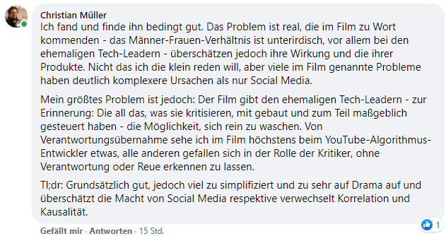 FB-Kommentar zu Social Dilemma