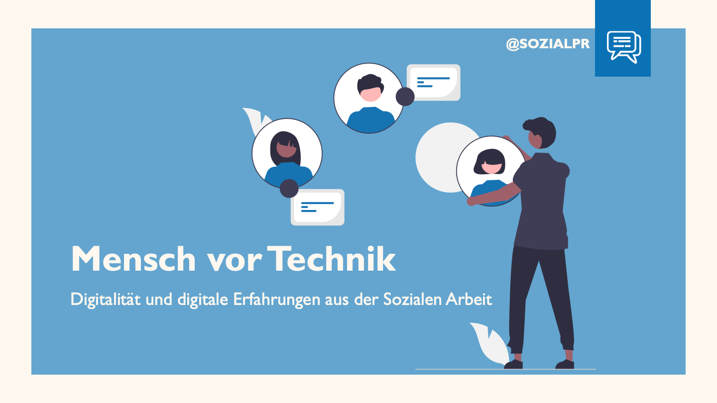 Titelfolie des Vortrags "Menschen vor Technik" mit dem Title und einer Grafik, Sprechblasen mit gezeichneten Menschen" darauf.