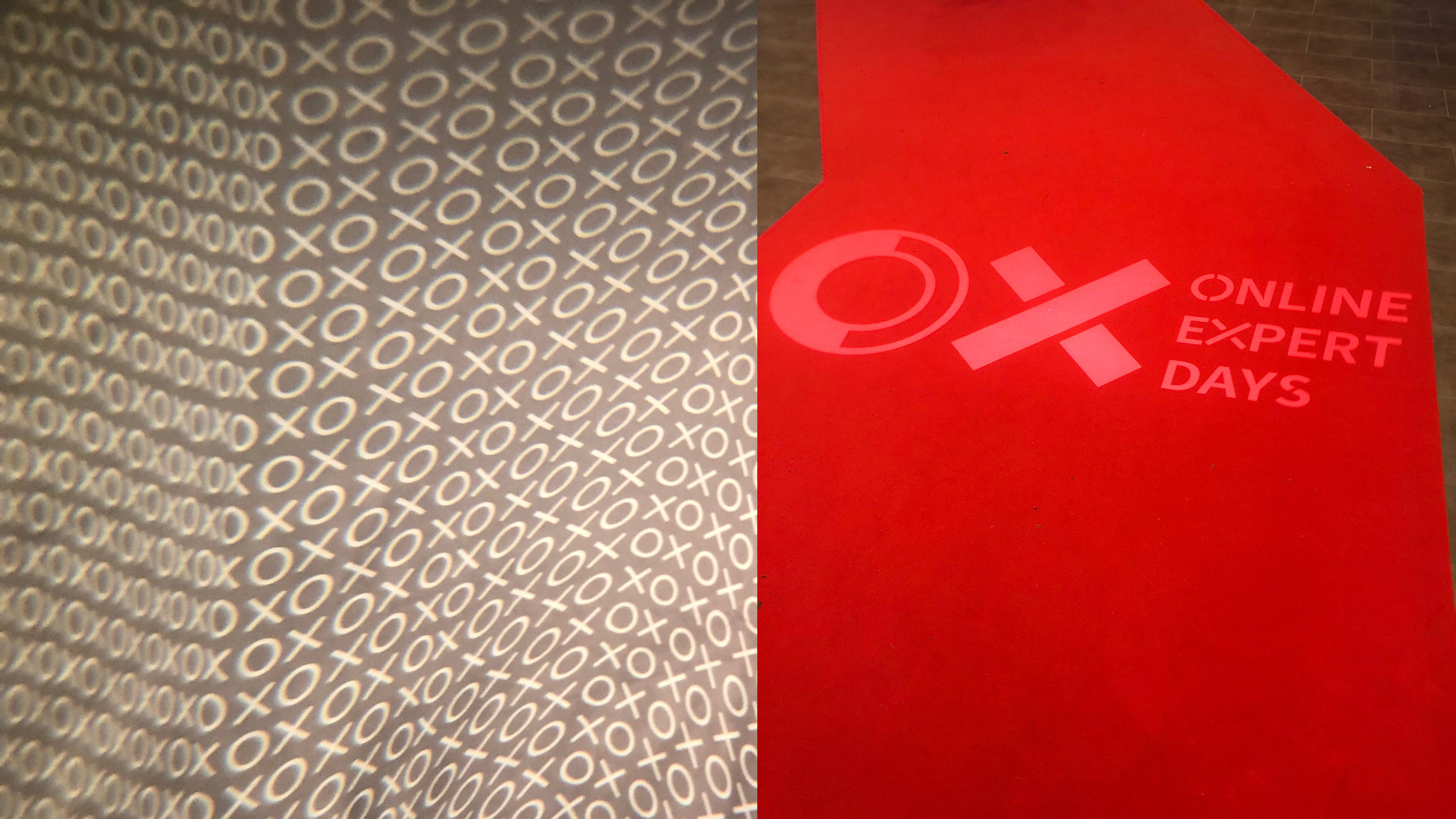 links abstrakter Hintergrund mit den Buchstaben O und X; rechts roter Teppich mit den projizierten Buchstaben O und X sowie dem Text Online Expert Days