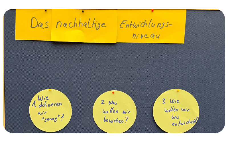 Im BIld ist ein blaue Pinnwand mit angepinnten Zetteln zu sehen. Die oberen sind mit "Das nachhaltige Entwicklungsniveau" beschriftet, die drei Zettel darunter enthalten jeweils eine der drei im Text nach diesem Bild genannten Fragen.