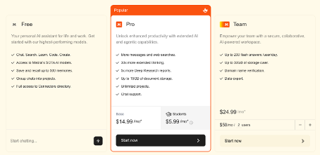Screenshot der Mistral-AI-Preisseite mit den Tarifen Free, Pro und Team.