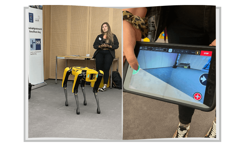 Eine Collage aus zwei Bildern. Links ist der im Text erwähnte vierbeinige Roboter zu sehen, dahinter steht Saskia und erklärt. Rechts ist eine Nahaufnahme des Tablets zu sehen, mit dem der Roboter kontrolliert wird.