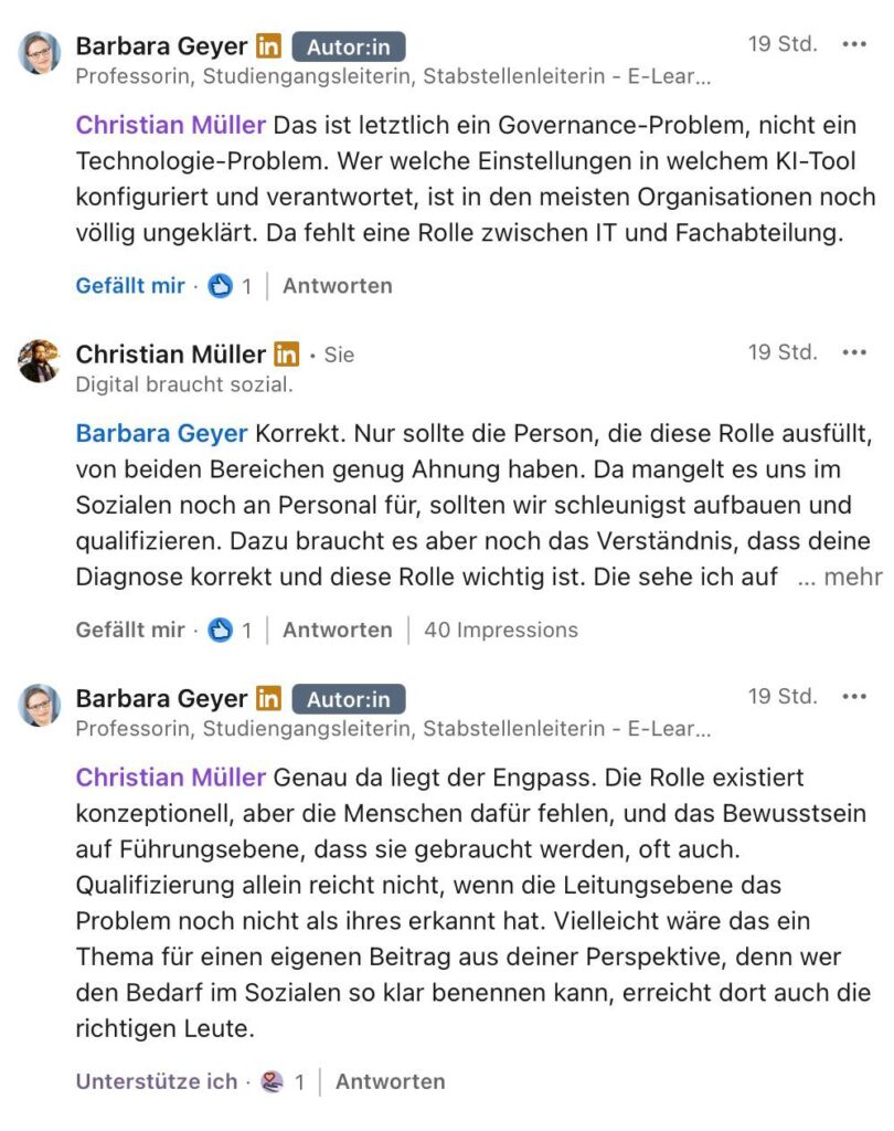 Screenshot einer LinkedIn-Diskussion, in der Barbara Geyer und Christian Müller über KI-Governance, fehlende Rollen zwischen IT und Fachabteilungen sowie den Bedarf an qualifiziertem Personal im sozialen Bereich sprechen.