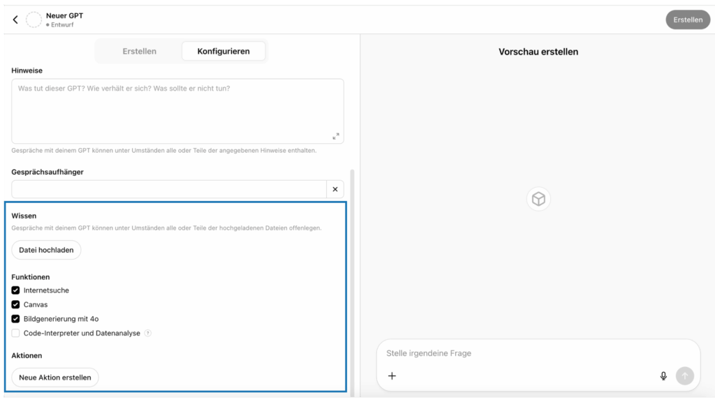 Konfigurationsansicht zur Angabe von Wissen und Funktionen eines GPTs mit Upload-Schaltfläche.